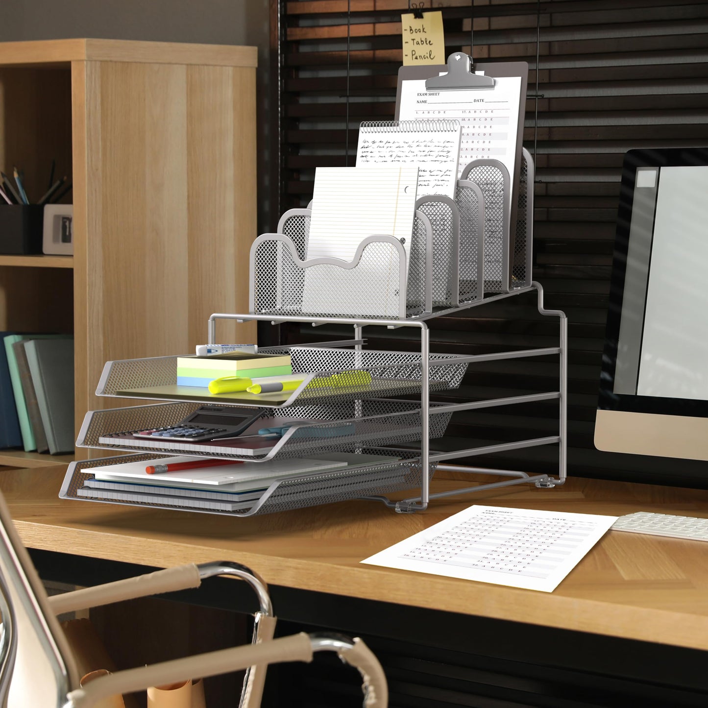 Simple Houseware Desk Organizer with 3 Sliding Tray and 5 Stacking Sections, Silver