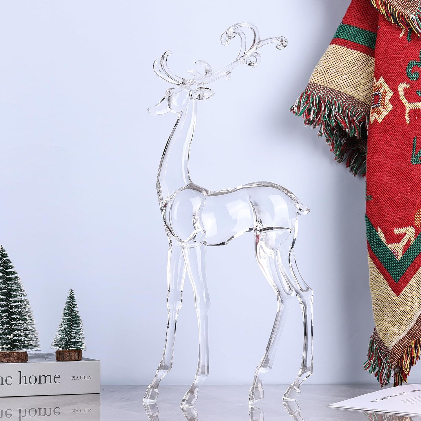 18" Tall Acrylic Christmas Reindeer Figurine - Elegant Clear Large Reindeer Ornaments for Christmas Indoor Decor, Holiday Centerpiece, Living Room, Fireplace, Table Display (Clear Standing Reindeer)