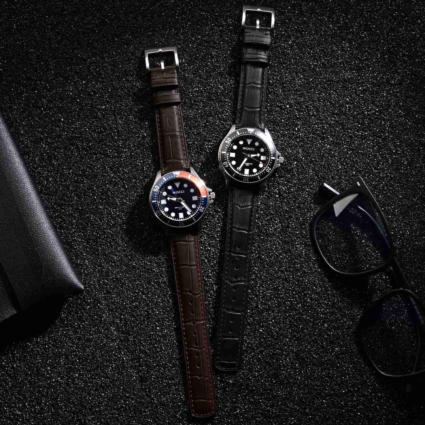 WOCCI 18mm Watch Band, Top Grain Leather, Embossed Alligator Grain, Quick Release, Black Buckle (Black)
