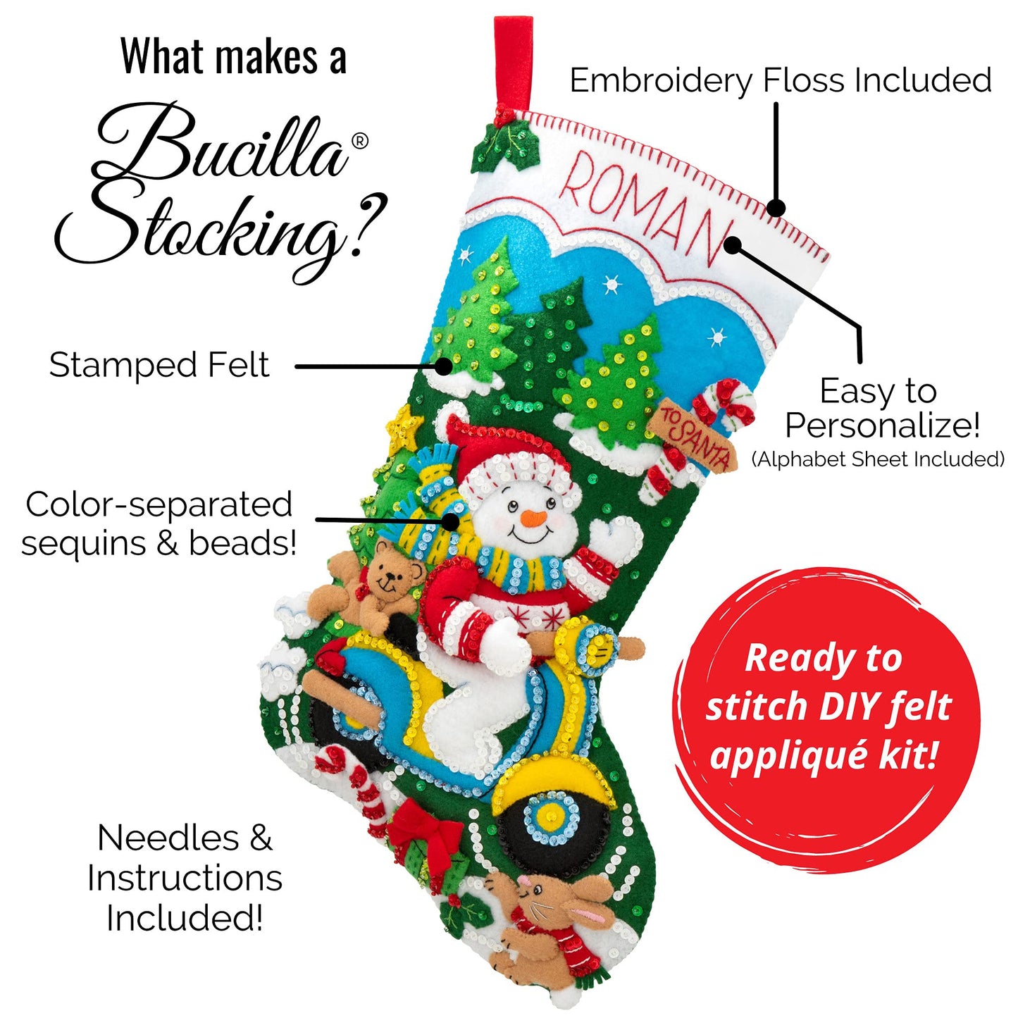 Bucilla 86707 Felt Applique Stocking Kit, 18", Santa Stop Here,