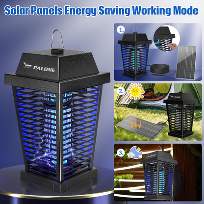 PALONE Solar Bug Zapper 4500V Electric Mosquito Zapper Outdoor, USB-C and Solar Panel Dual Charging Electric Zapper Racket, Fly Trap with UV Light for Flies Gnats Moths