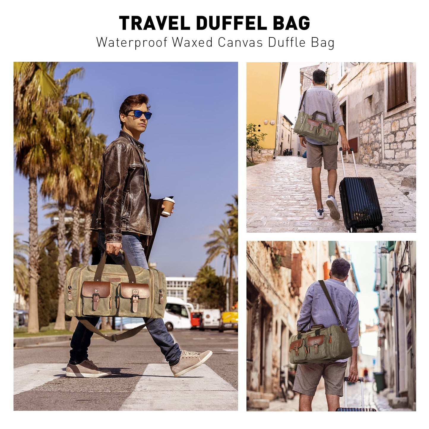 Wildroad Waxed Canvas Duffle Bag - 50L Waterproof Weekender Overnight Travel Bag