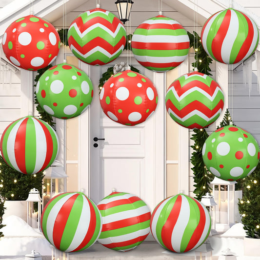 12PCS Inflatable Christmas Balls Ornaments 12Inch Giant PVC Inflatable Outdoor Ball Decorations Red Green Polka Dot Stripe Blow Up Balls Ornament for Christmas Holiday Yard Lawn Porch Decor