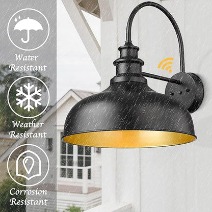 Bestshared 16 Inch Dome Large Dusk to Dawn Sensor Gooseneck Barn Light Farmhouse Outdoor Wall Sconce Industrial Exterior Wall Lighting Fixture, Outside Lantern Garage Lamp(Black+ Gold, 16” Dome-2Pack)
