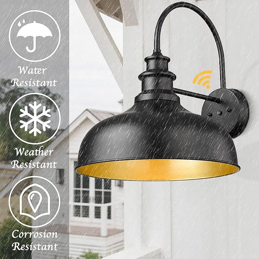 Bestshared 16 Inch Dome Large Dusk to Dawn Sensor Gooseneck Barn Light Farmhouse Outdoor Wall Sconce Industrial Exterior Wall Lighting Fixture, Outside Lantern Garage Lamp (Black+Gold,16” Dome-1Pack)