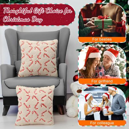 Tranqun 4 Pcs Christmas Candy Cane Throw Pillow Covers 20x20 Inch Xmas Red Candy Embroidery Pillowcases Fluffy Christmas Cane Decorative Cover for Winter Holiday Farmhouse Living Room Sofa Car Decor