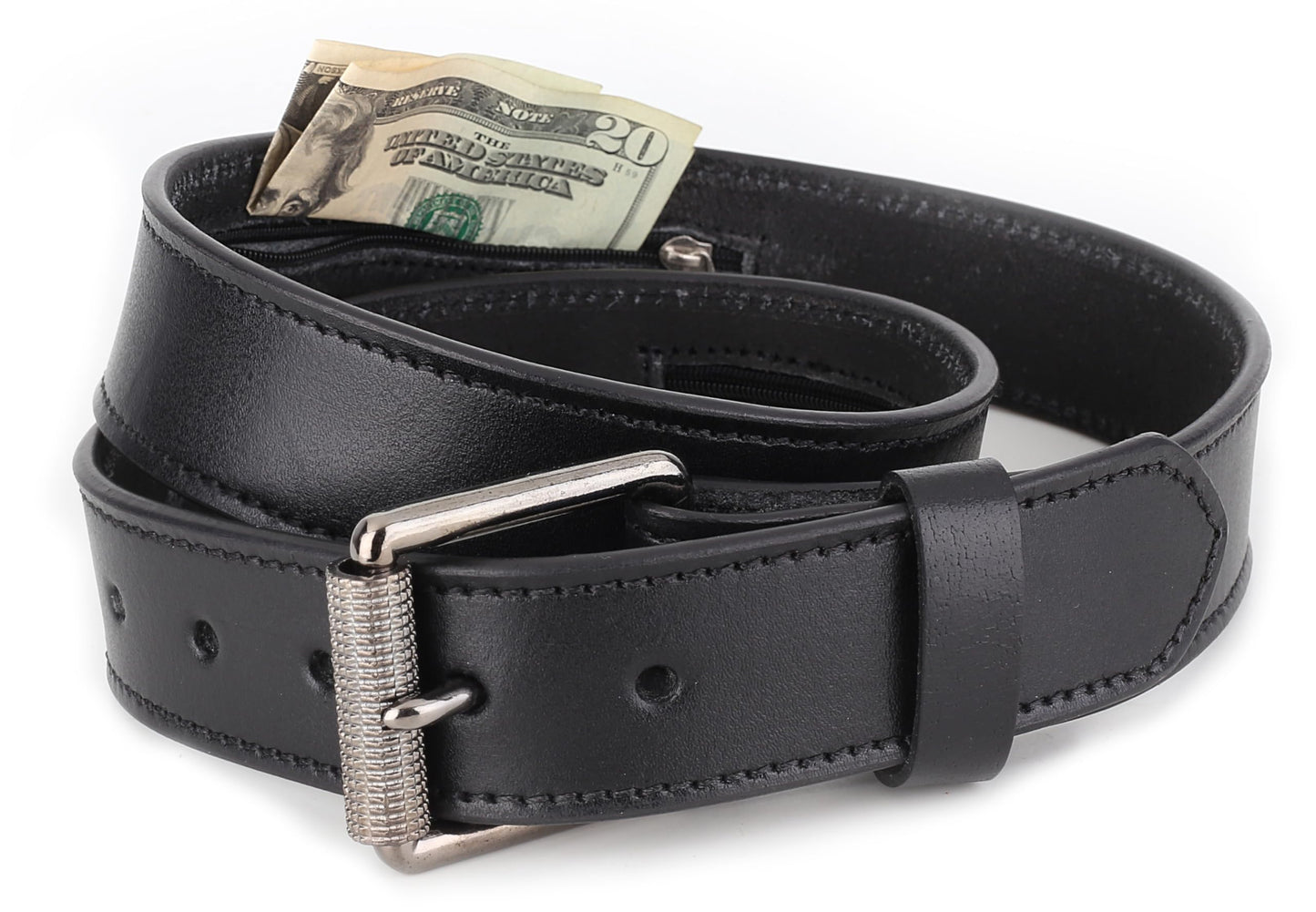 Men’s Money Full Grain leather Belt, Hidden zipper Pocket, USA,classic black,MB10,size 40