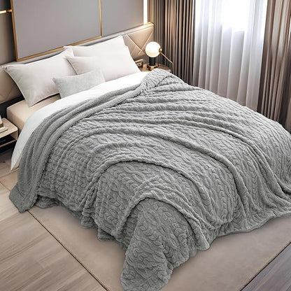 PHF Fluffy Sherpa Blanket King Size for Winter, Warm and Soft, 510GSM 3D Jacquard Thick Shaggy Fleece Plush Blanket for Sofa Bed, Grey, 108"x90"