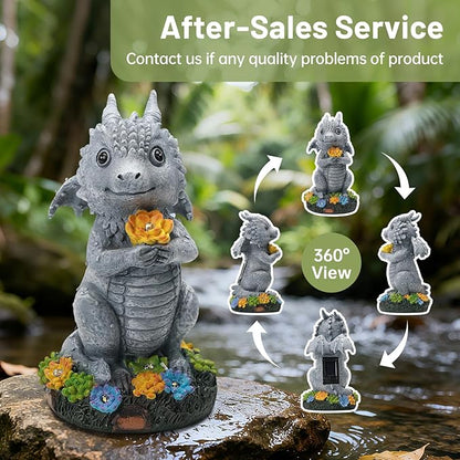 Solar Garden Outdoor Statues Dragon Holding Flower with Solar LED Lights - Lawn Decor Outdoor Statue for Patio, Balcony, Yard Ornament,Housewarming for Mom Grandma