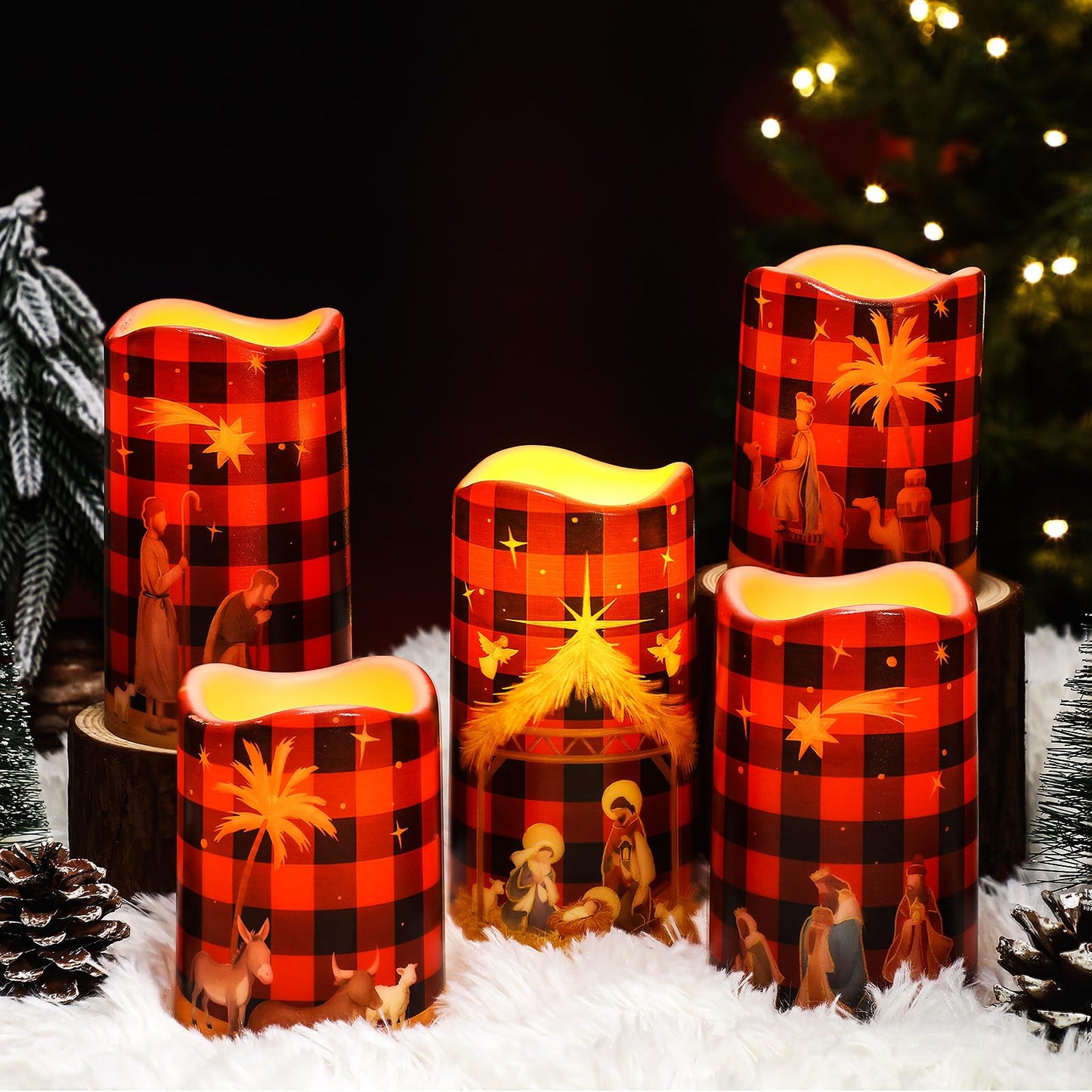 Glooglitter 5 Pcs Buffalo Plaid Nativity Scene Candles Flameless Christmas LED Pillar Jesus Religion Candles Battery Operated with Timer Remote for Xmas Christian Holiday Table Home Decor Church Party