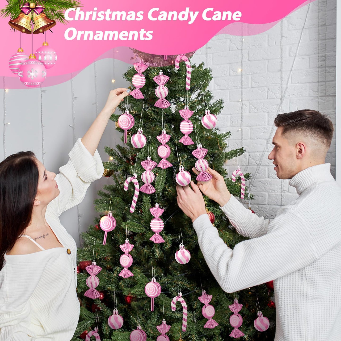 Liliful 30 Pcs Christmas Candy Cane Lollipop Ornaments Set Plastic Holiday Peppermint Candy Home Hanging Ornament Lollipop with Rope for Xmas New Year Party Decor(Pink White)
