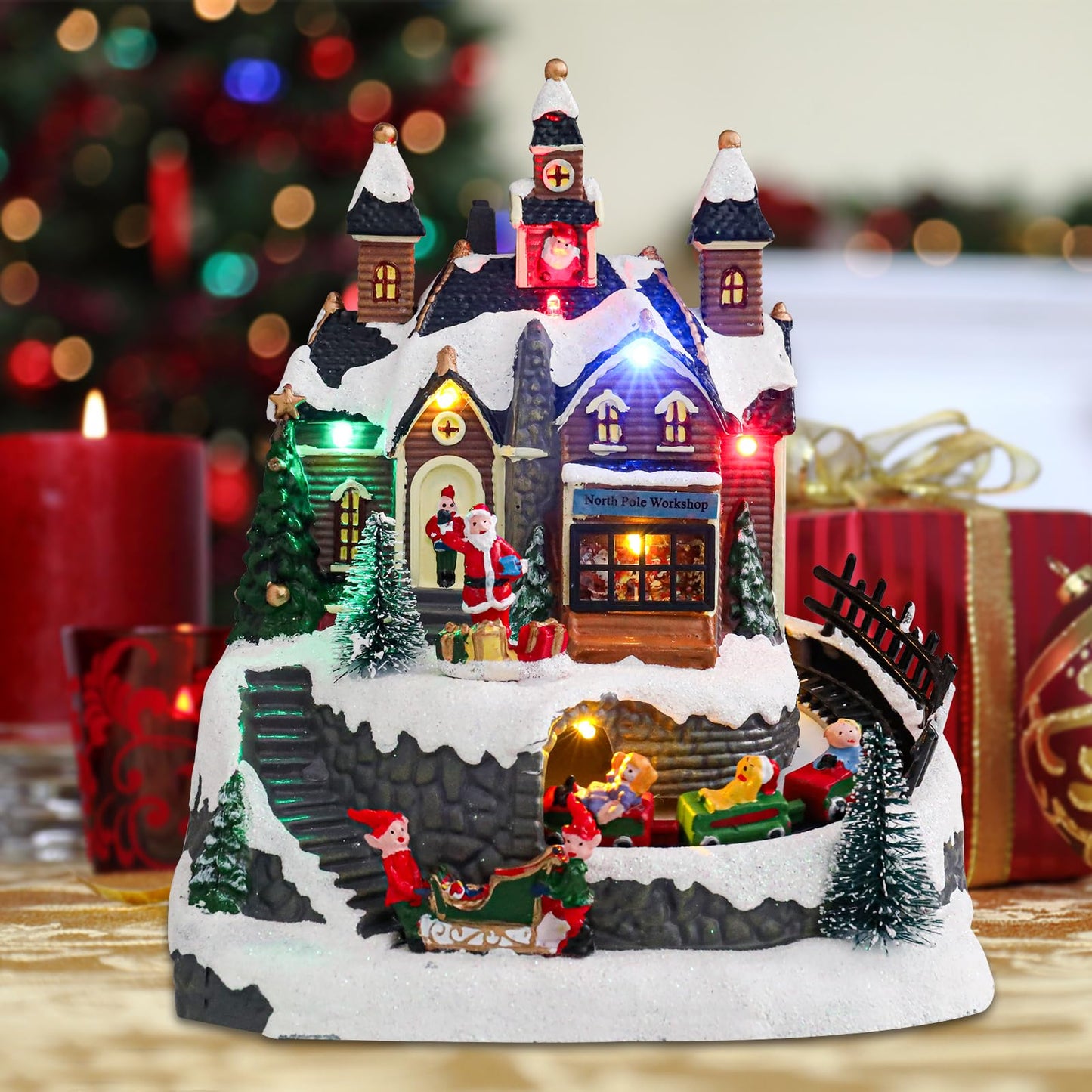 Vipush Christmas Village House Decorations Resin Little Train Home Decor Indoor Building Figurines Revolving Train with LED Light and 8 Christmas Music for Kids