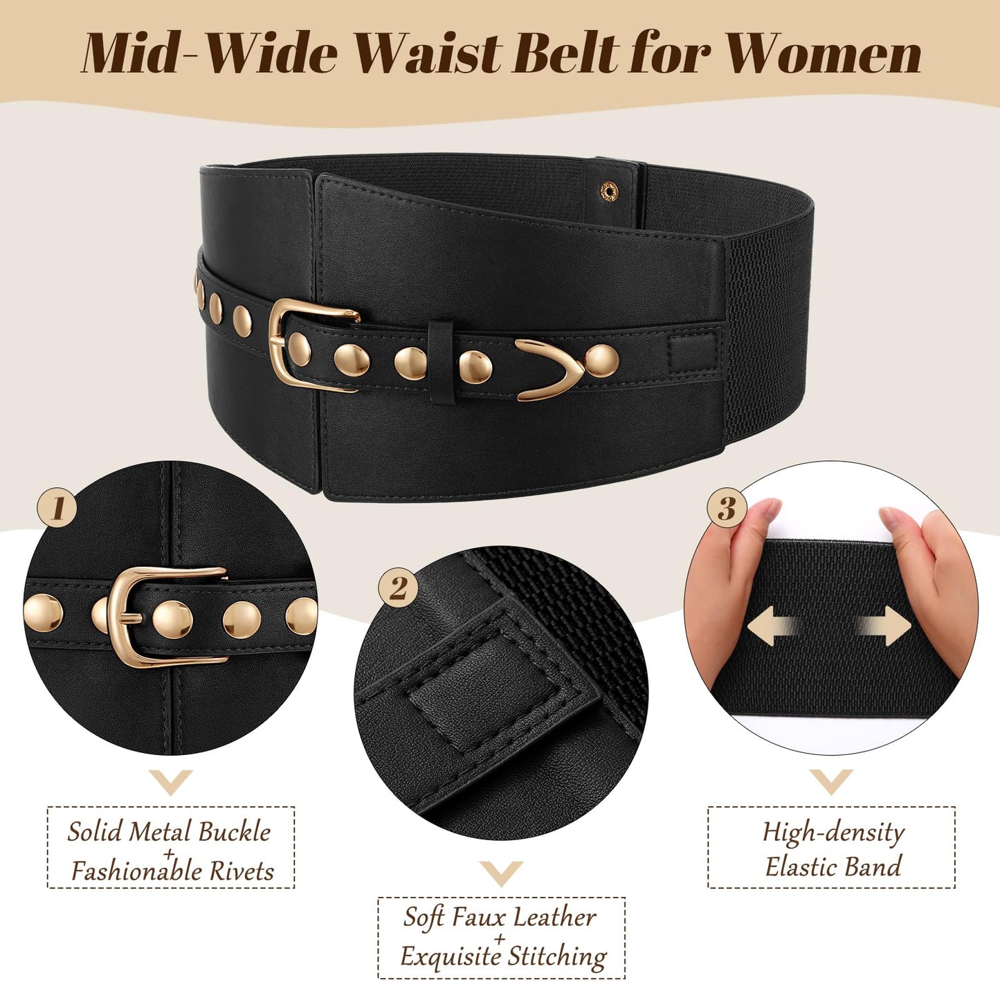 JKEEMI Wide Waist Belt Women Elastic Chunky Stretchy Elegance Belt with Gold Rivets Buckle for Daily Costume