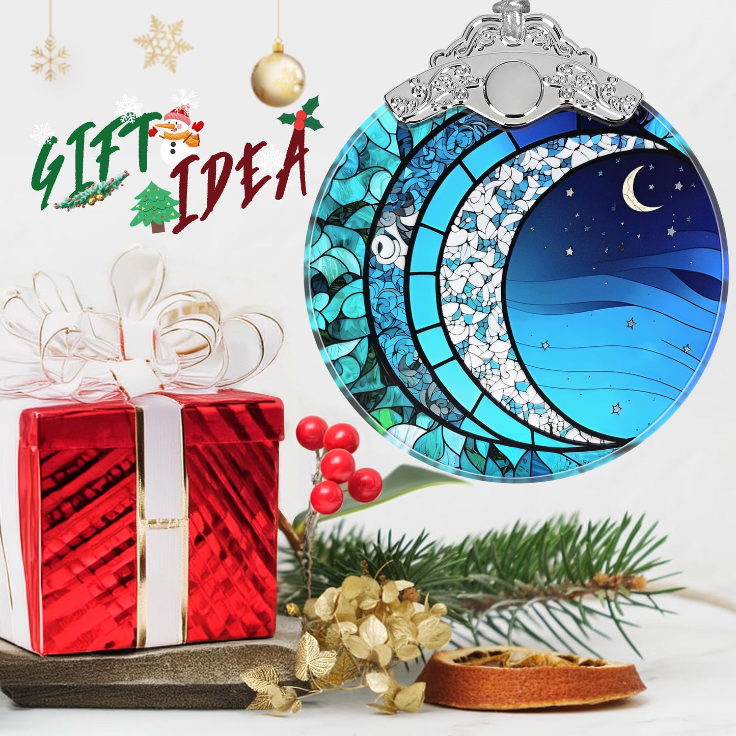 Art Blue Moonlight Stained Glass Orament - Christmas Ornament - Christmas Decorations for Tree - Holiday Present ldeas - Gift Exchange