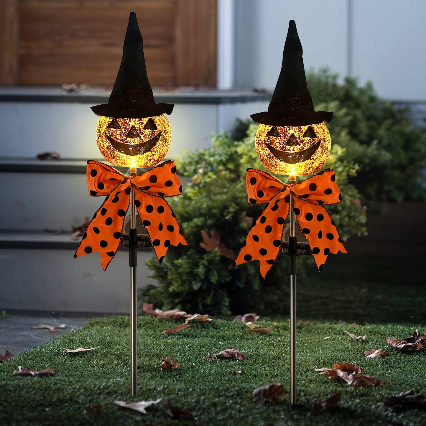 2Pack Halloween Pumpkin Solar Stake,Jack'O Outdoor Pathway Decorations for Yard,Lawn,Garden,Powered Lights for Halloween Decor