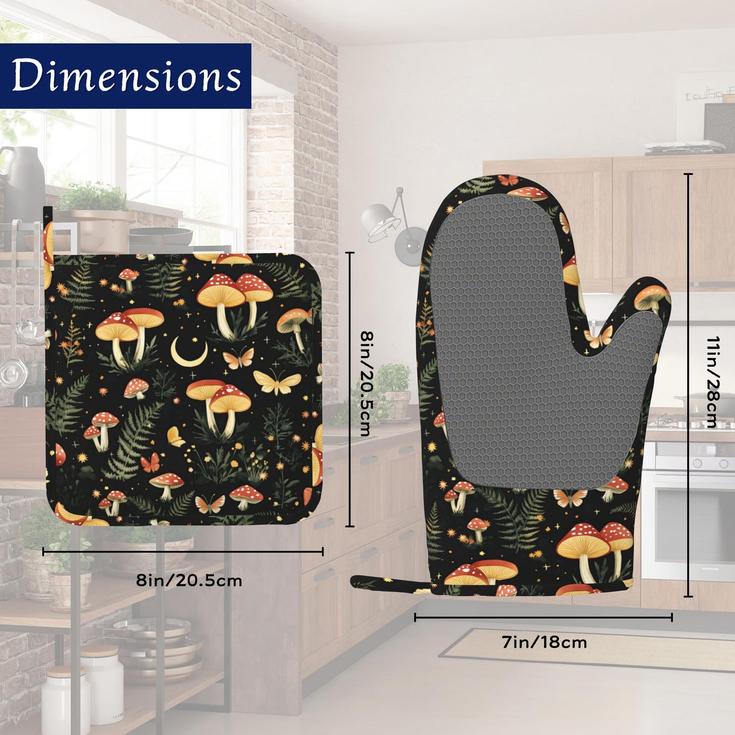 Boho Mushrooms Oven Mitts and Pot Holders Sets of 4 Wildflowers Butterfly Heat Resistant Silicone Oven Mits Gloves Non-Slip Kitchen Mittens Potholders for Cooking Baking Grilling BBQ