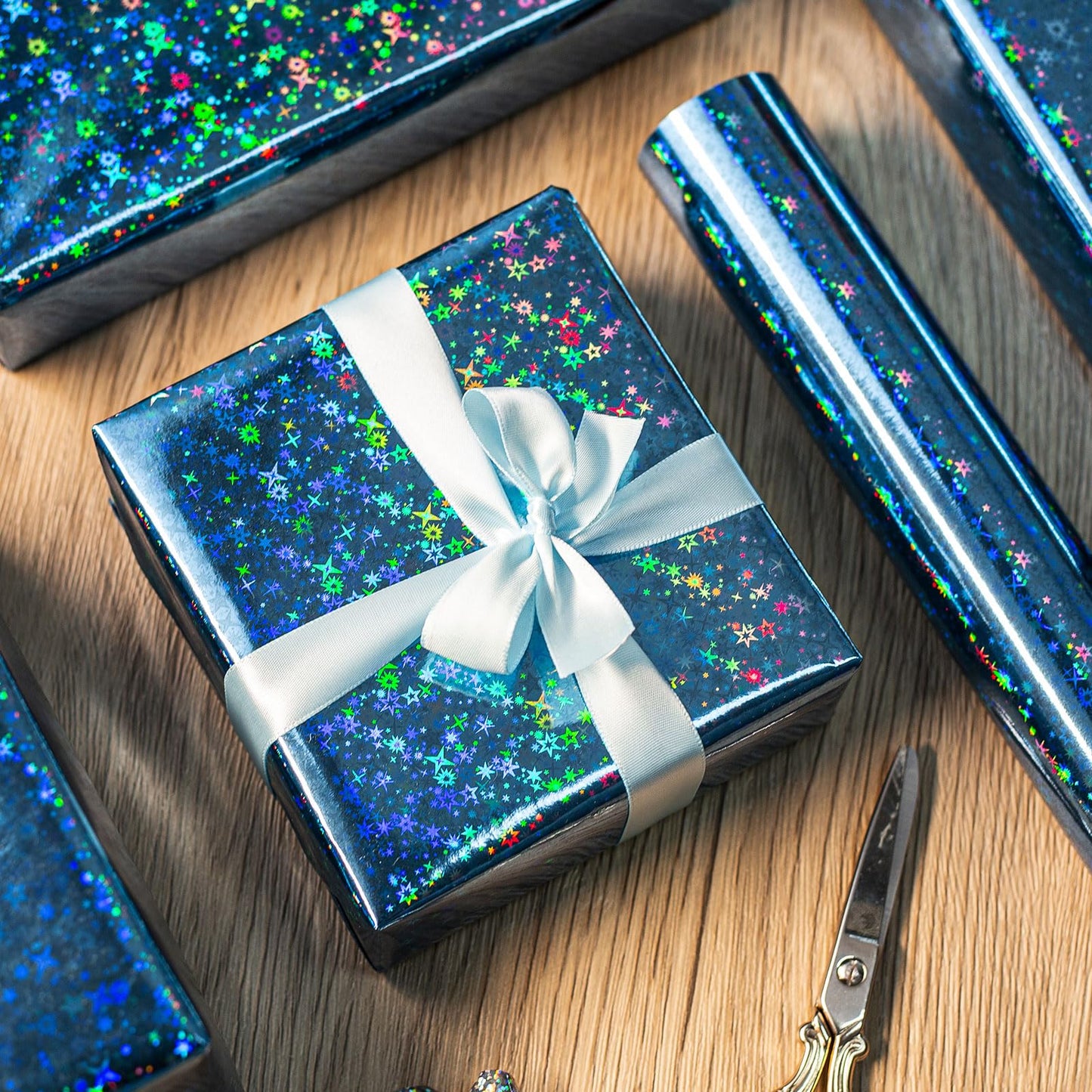 Merture Blue Holographic Wrapping Paper Roll, Blue Space Gift Wrap with Shining Galaxy Design for Birthday, Baby Shower, Christmas, Father's Day, Weeding - 17 In X 32.8 Ft (46.5 sq.ft.)