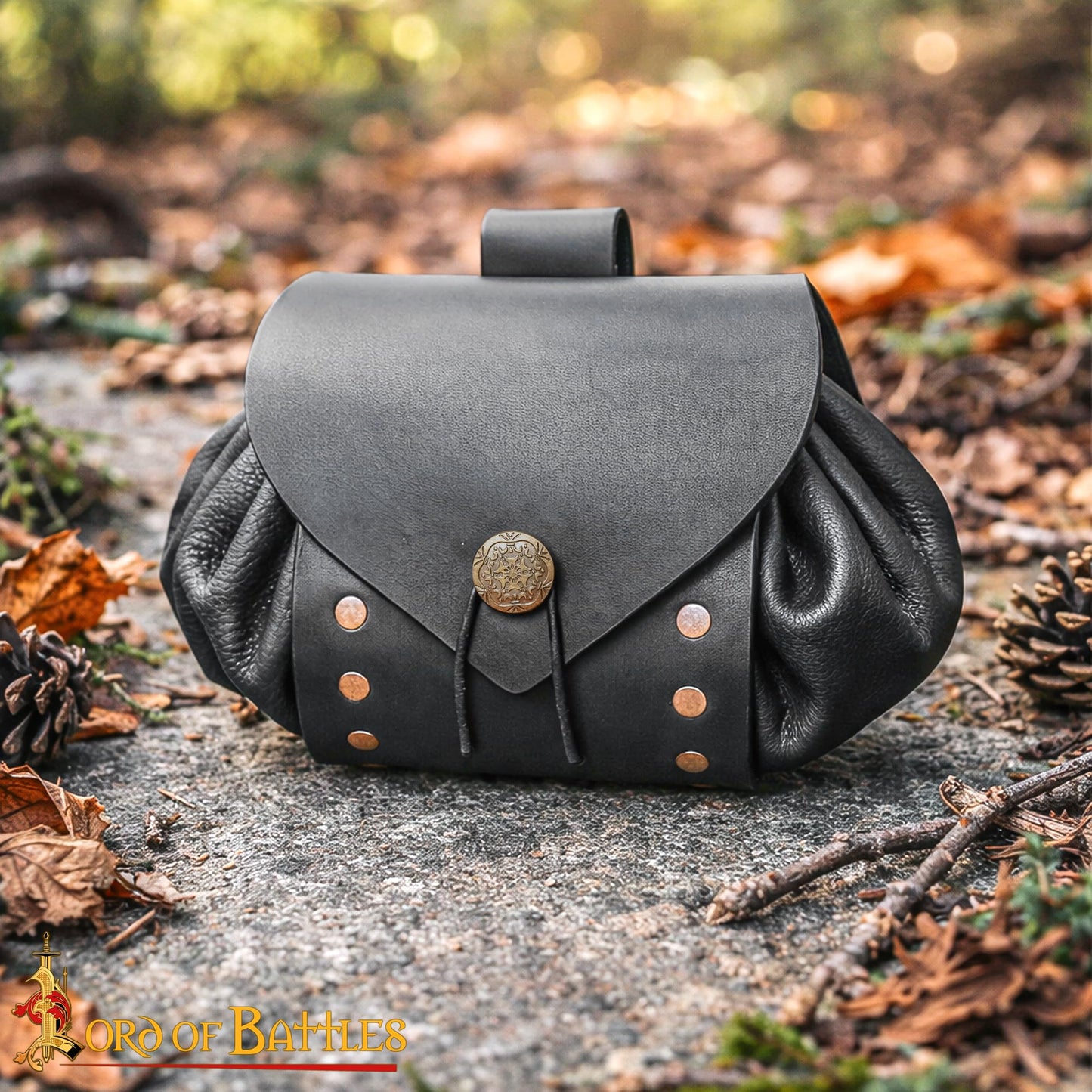 Medieval Drawstring Pouch with Brass Button, Belt Pouch with Loop, Genuine Leather Coin Purse for LARP, Reenactment and Costume (Drawstring Bag, Black)