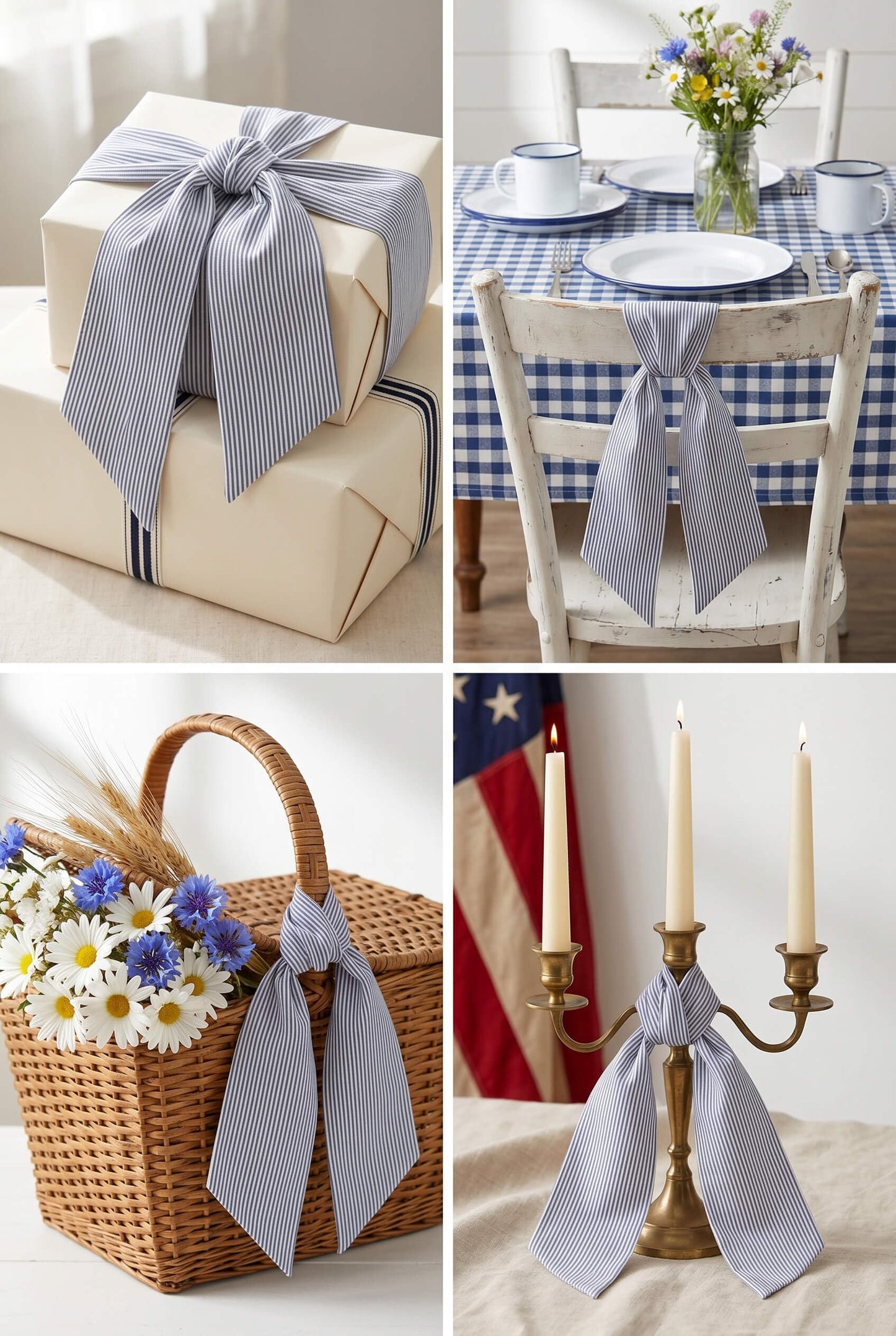 Kutyndrix Blue and White Striped Wreath Sash 2 Pack for Front Door, 5.12" x 54.33" Each Summer Nautical Holiday Door Ribbon Decorations Set
