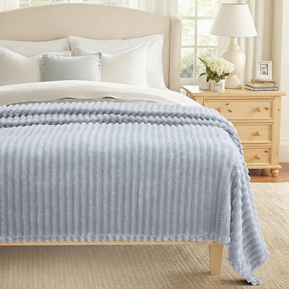 decorUhome Soft Fleece Light Grey Blanket King Size for Bed, Cozy Fluffy Plush Flannel Large Striped Throws for Couch Sofa, Lightweight Decorative Fuzzy Blanket for Woman, 108x90 Inches