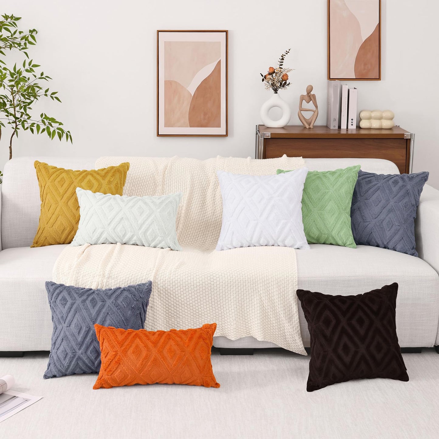 Pallene Christmas Cream White Throw Pillow Covers 26x26 Set of 2, Soft Plush Faux Fur Decorative Couch Pillow Covers for Sofa Bed Living Room Pillow Cases with 3D Diamond Pattern