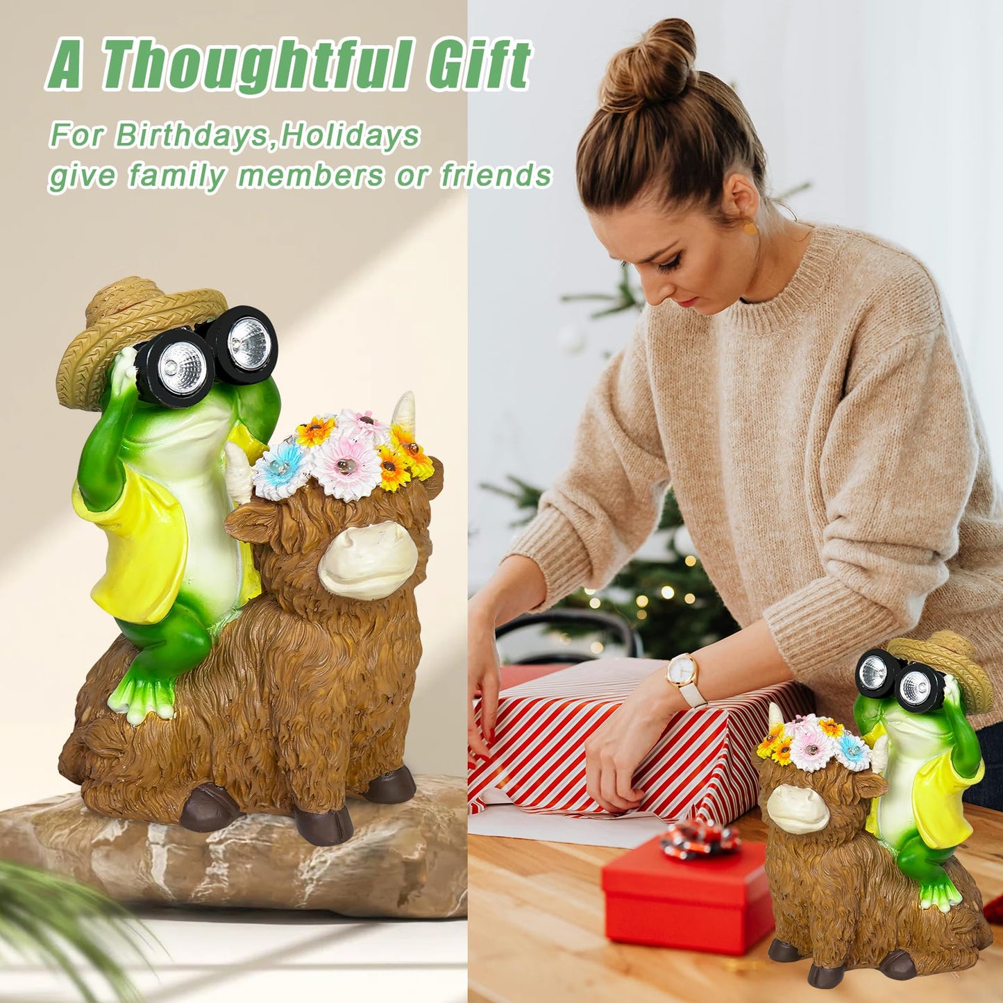 EDOF Solar Garden Lights Frog Sitting on Highland Cow Statue with Flower Garden Decor, for Women Mom,Frog Highland Cow Outdoor Figurine Decorative LED Lights for Yard Art Patio Porch Lawn