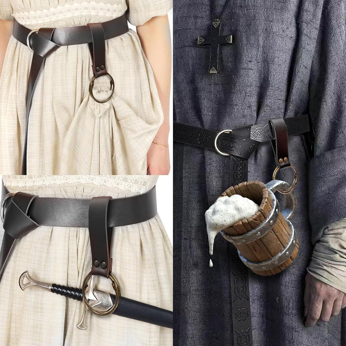Renaissance Belt Pouch Coin Purse Skirt Hike Set Medieval Festival Costume Halloween Accessories Casual Fanny Pack Waist Bag (2Pouch-Black)