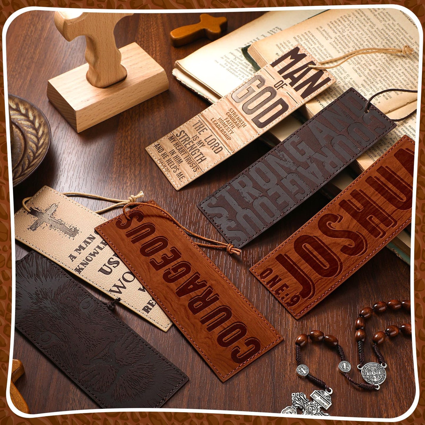 Skyygemm 6 Pieces Father's Day Church Gift Bulk Leather Bible Christian Religious Bookmarks Scripture Bookmarks Joshua 1: 9 Bible Cover Faux Leather with Inspirational Verse Dad Church Gifts for Men