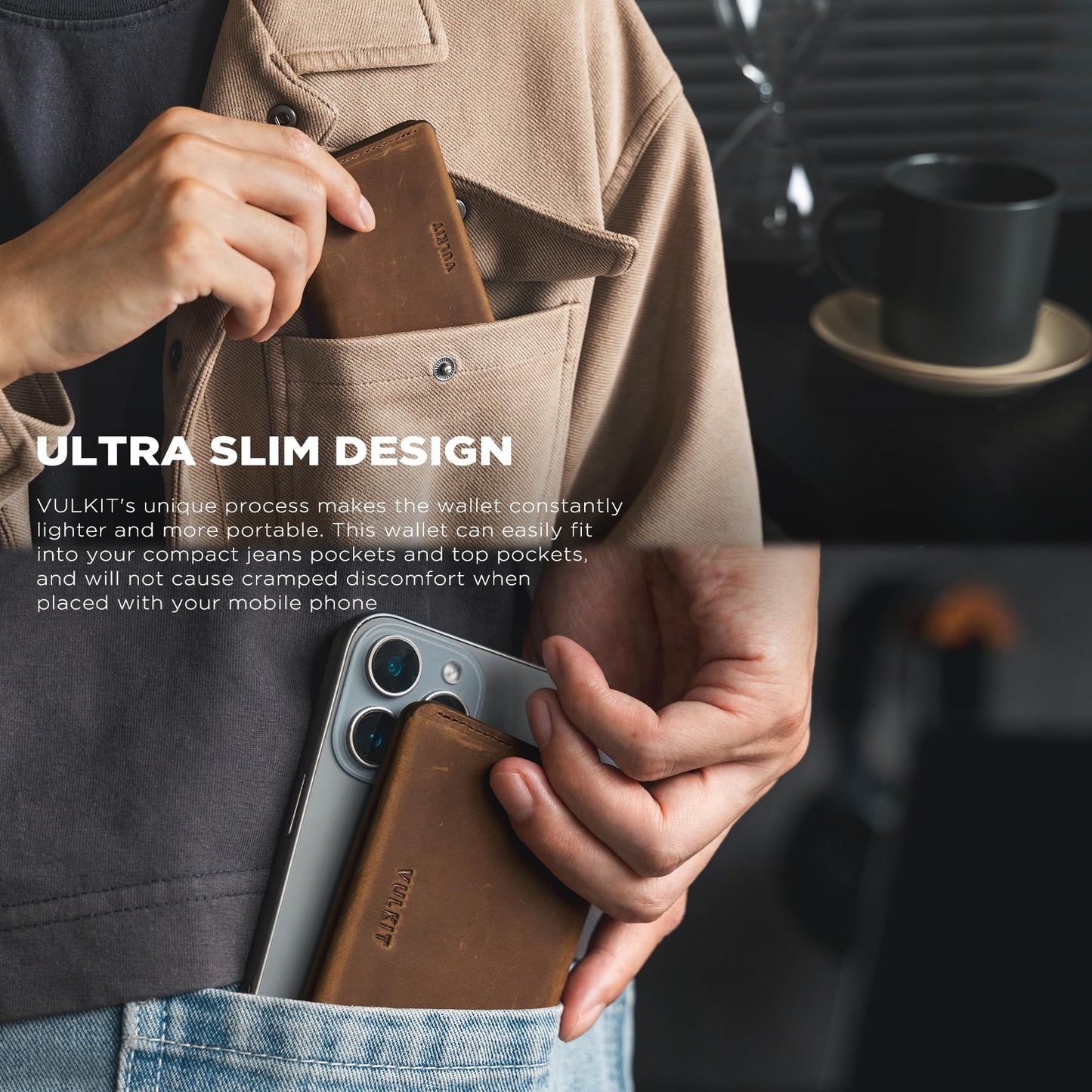 VULKIT Slim Minimalist Card Holder RFID Blocking Leather Credit Card Holder Front Pocket Wallet Magnetic Closure, Handcrafted Cowhide Version