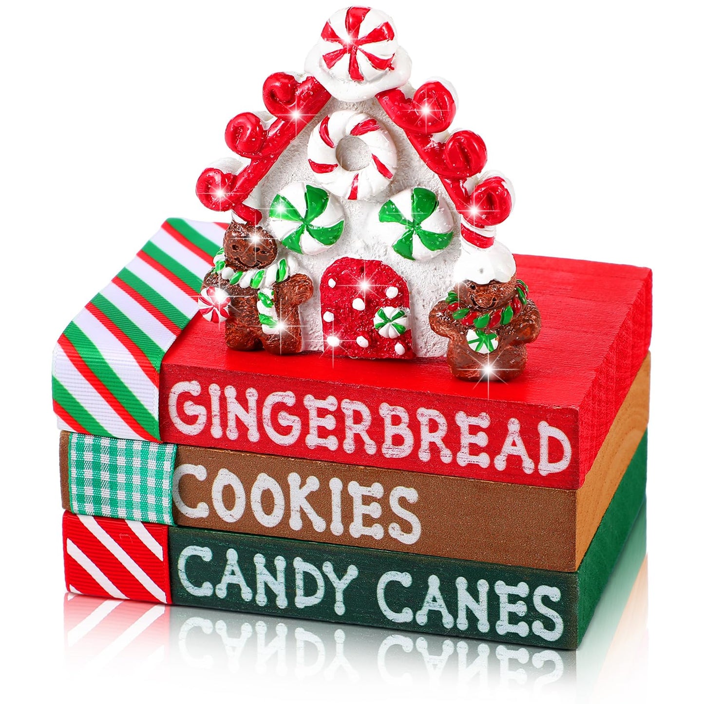 Bucherry Christmas Table Decoration Resin Gingerbread House Tiered Tray Decor Wood Rustic Gingerbread Block Signs Ribbon Book Stacks Christmas Centerpiece Decorative Tray for Farmhouse Home Shelf Gift