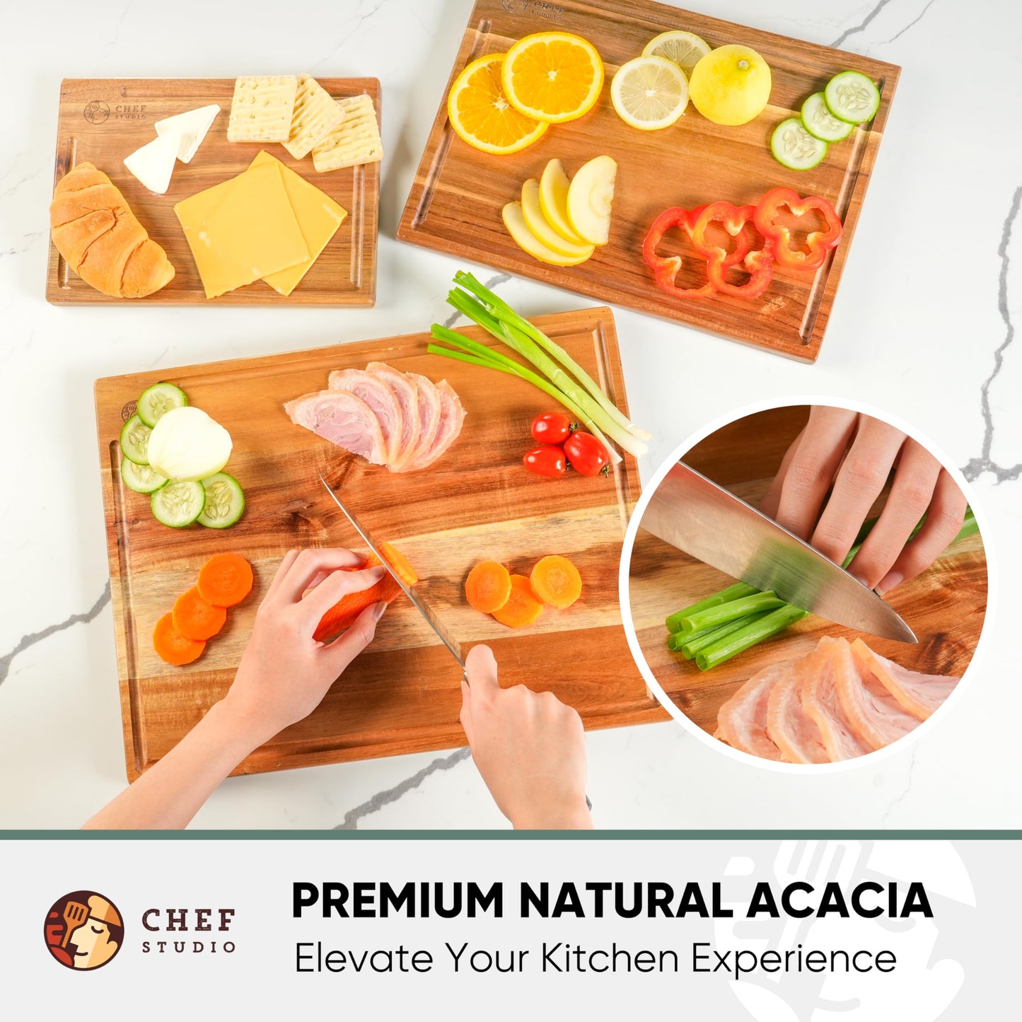 Chef Studio Acacia Wood Cutting Board (Set of 3) – Wooden Cutting Boards for Kitchen, Chopping and Serving, Non Plastic Bamboo Alternative, Hostess Gifts for Christmas, Thanksgiving, New Year