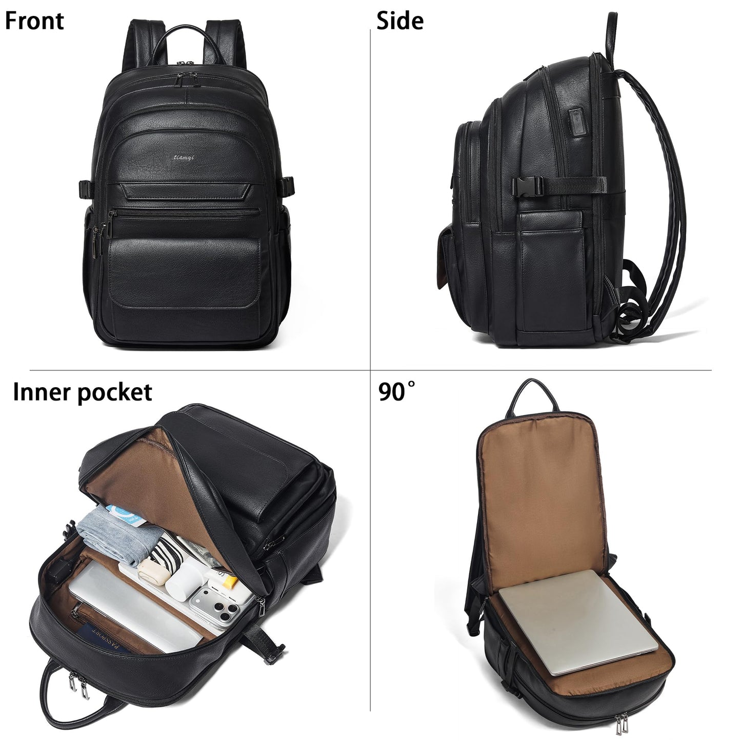 tiamyi Vegan Leather Backpack, TSA Travel Backpack for Men and Women, Fits 17.0 Inch Notebook with Luggage Strap and USB Port, Black