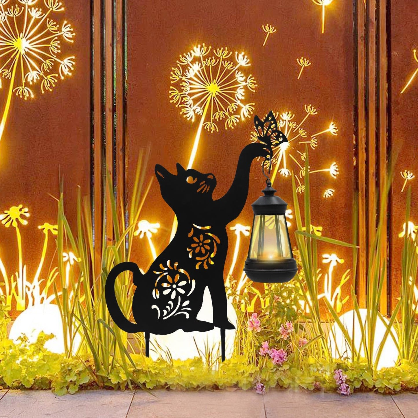 Black Cat Solar Light Outdoor Garden Decor - Metal Cat Holding Lantern Stake, Waterproof Solar-Powered Pathway Light for Yard Pathway Lawn Patio - Unique Gift for Halloween Christmas Garden Decor