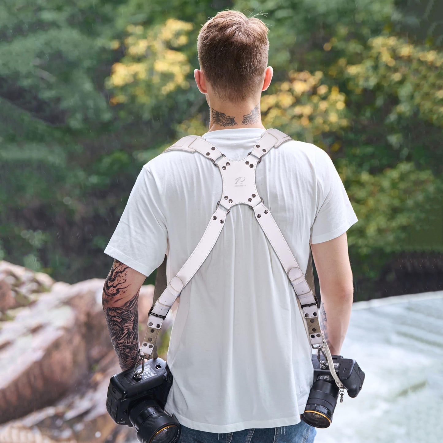 Padwa Lifestyle White Dual Camera Harness for Two Cameras - Wide Strap with Thick Shoulder Padded,Full Grain Leather Double Harness,Multi Camera Gear for DSLR Strap for Photographers