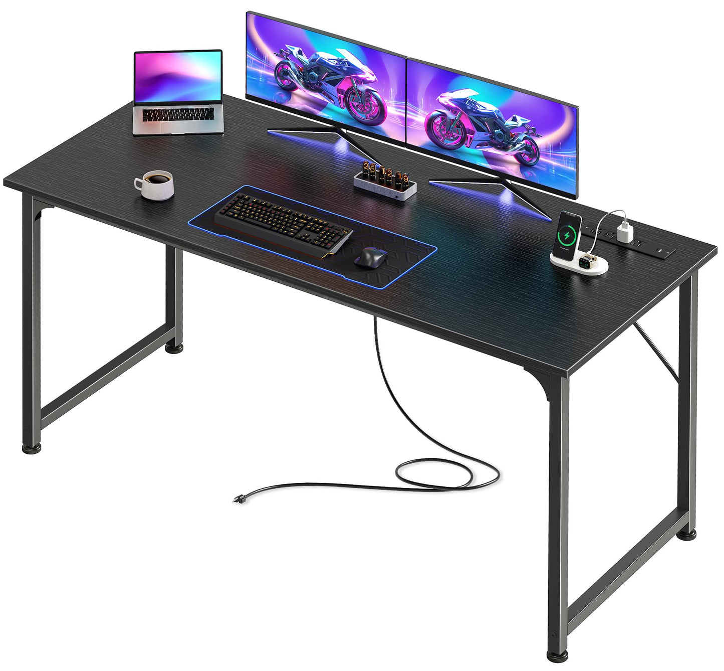 PRAISUN 55 X 20 Inch Office Computer Desk with Power Outlets and USB-C Port, Larger and Longer Gaming Desk, for Home Office, Study, Bedroom, Writing Work from Home Table, Metal Frame, Black