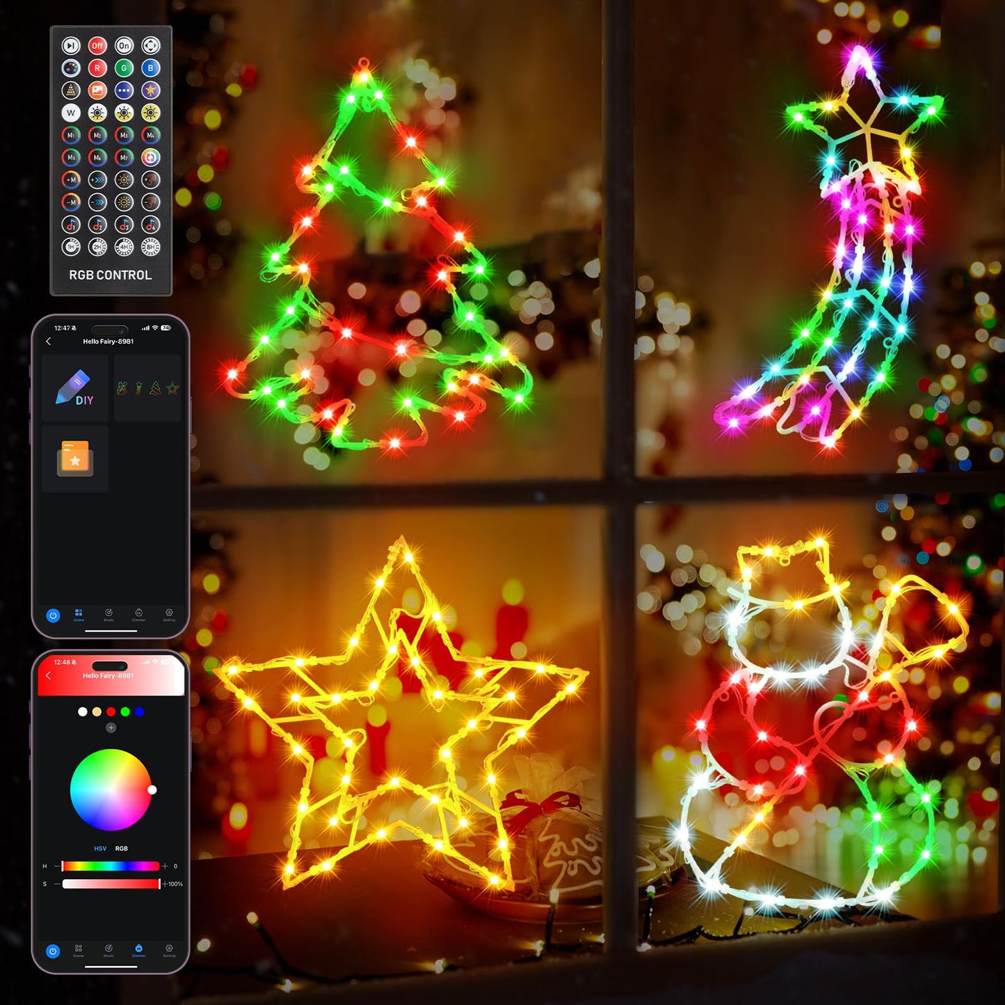 FANCILLUMA 4 Pack Smart Christmas Window Lights, Window Silhouette Lights, Christmas Decorations Indoor,Custom & Preset Modes,APP Control Snowman, Meteor, Christmas Tree, Star for Door Glass