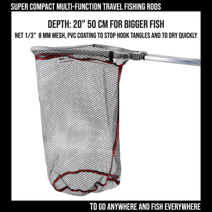 Travel Fishing Landing Net. Super Compact, Folding, Rugged Travel Fish Net. Extra Deep Coated, Low Smell Net + S Carry Hook. Freshwater and Saltwater Angling.