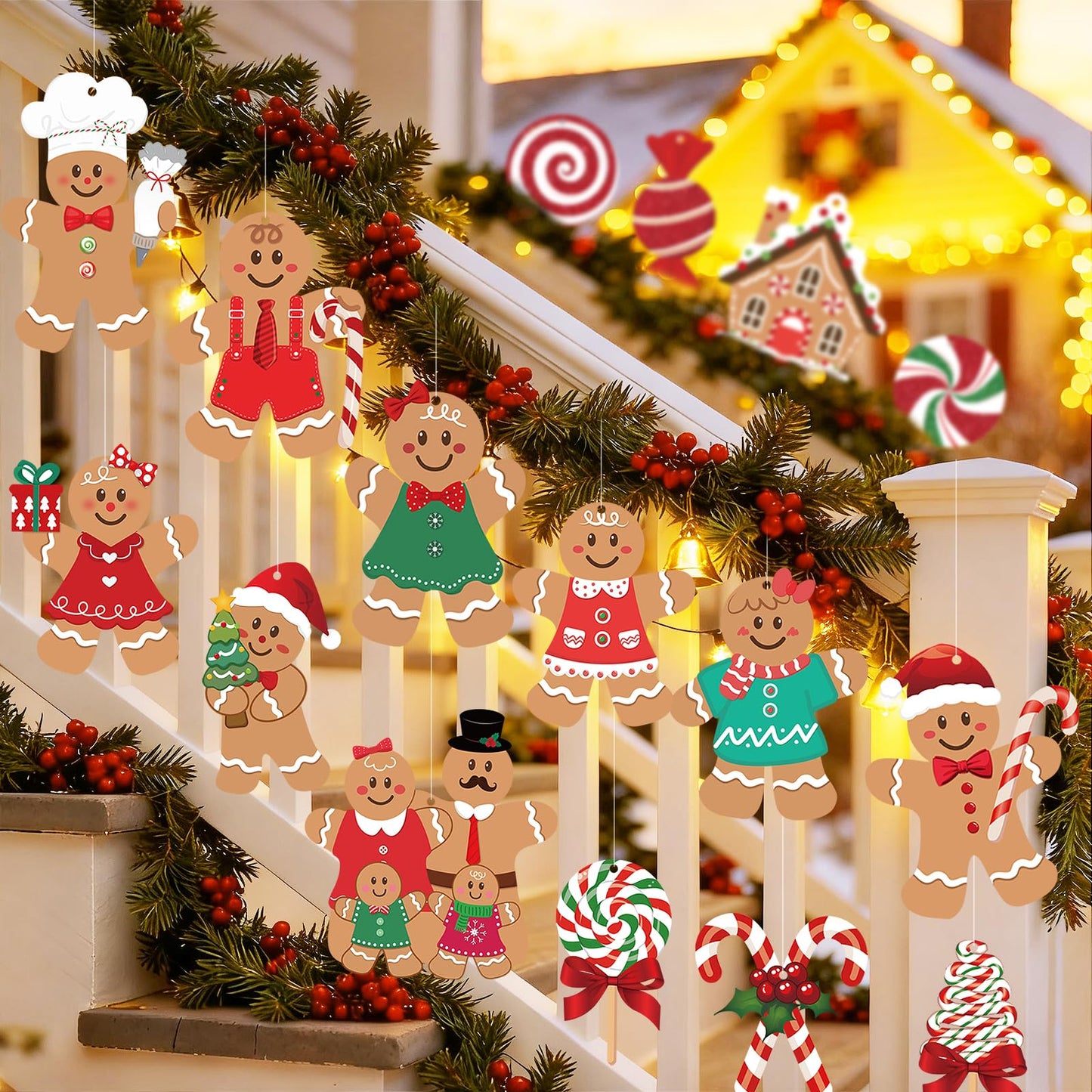 20 Pcs Gingerbread Christmas Decorations Outdoor Large Gingerbread Hanging Xmas Candy Ginger Bread House Decor Double Sided Printing Sign for Tree Yard Porch Office Home Holiday Outside Indoor Merry