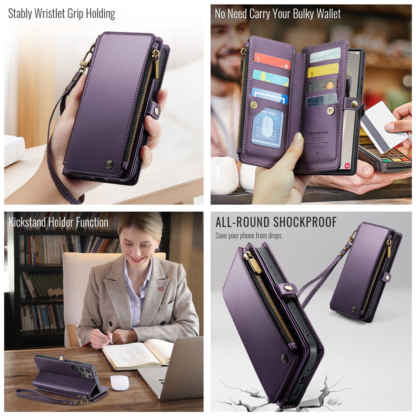 Defencase Compatible with Samsung Galaxy S24 Ultra Case Wallet with RFID Blocking Card Holder for Women Men, PU Leather Magnetic Snap Flip Zipper Strap Phone Case Fit for Galaxy S24 Ultra 5G, Purple