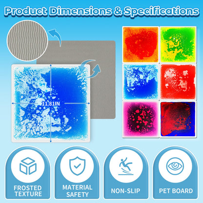 Toddler Sensory Liquid Floor Mats - 6-Piece Liquid Play Mat Pack, 12" x 12" Square Sensory Puzzle Mats for Autism, Lava Brick Dance Step Mats, Montessori Gross Motion Toys for Preschool Classrooms