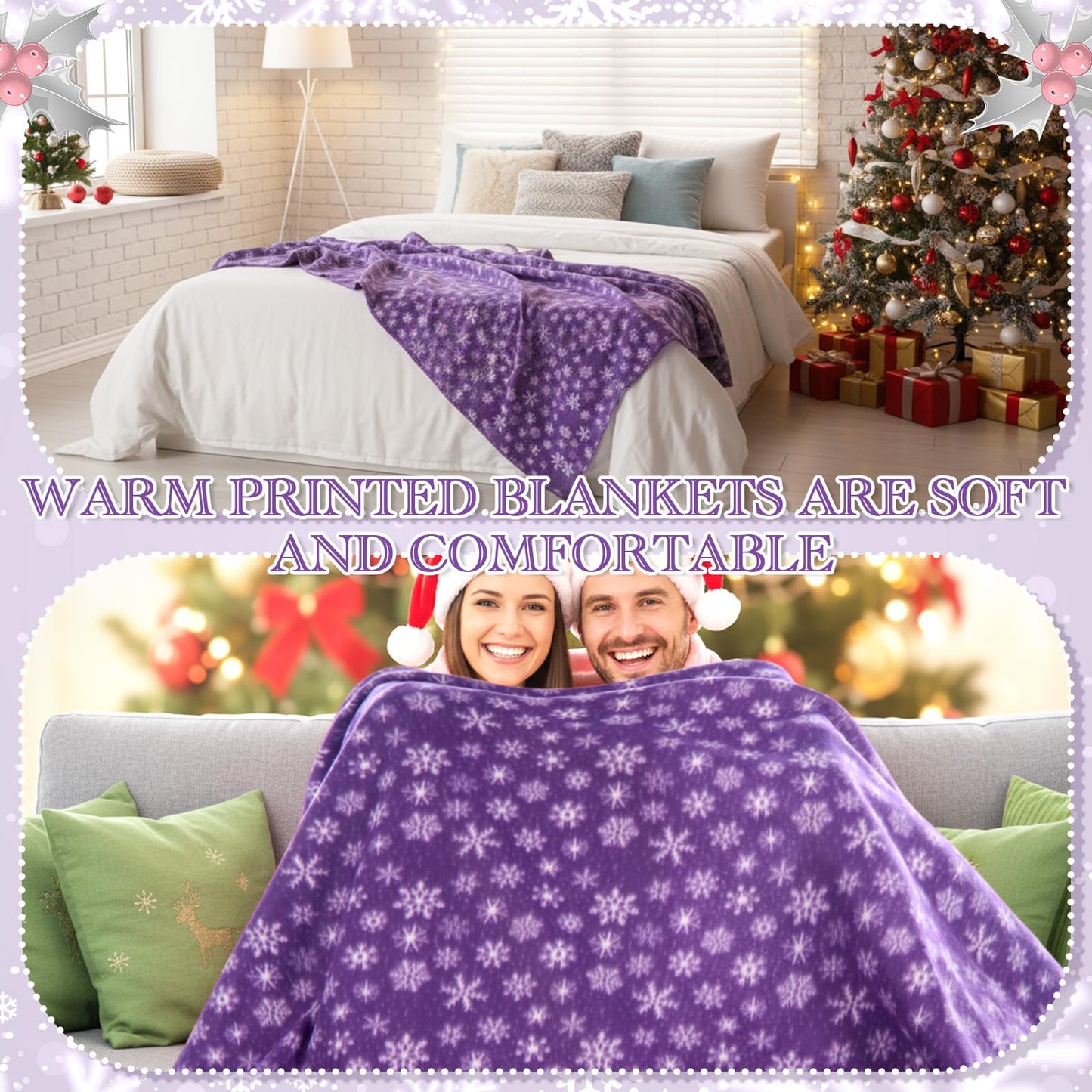 Moukeren 24 Pcs Christmas Snowflake Throw Blanket Bulk, 59 x 47 Inch Xmas Winter Throw Blanket Christmas Warm Soft Cozy Fleece for Home Bedding Couch Chair Gift (Purple)