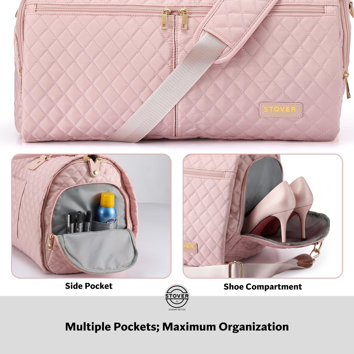 STOVER Women’s Convertible Garment Duffel Bag for Travel – 2-in-1 Carry-On Weekender/Overnight Tote - Wrinkle-Free Dresses, Suits & Clothes + Shoe Compartment & Bonus Toiletry Bag (Blush Pink)