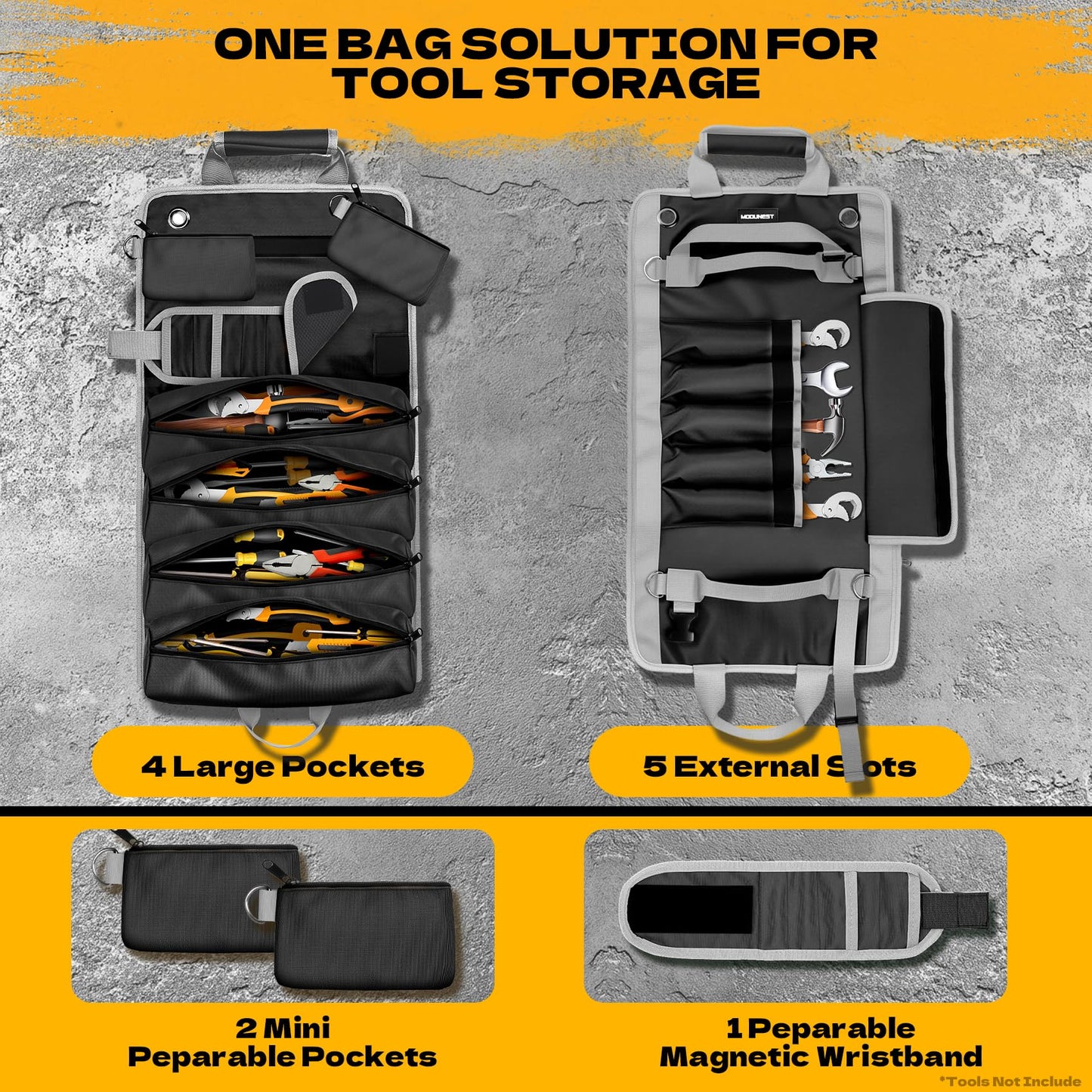 Tool Bag Roll Up Large Heavy Duty, Waterproof Oxford Fabric Tool Storage Organizer with Shoulder Strap Detachable Magnetic Wristband, Foldable Carrying Toolbag for Car Mechanic and Electrician(Black)