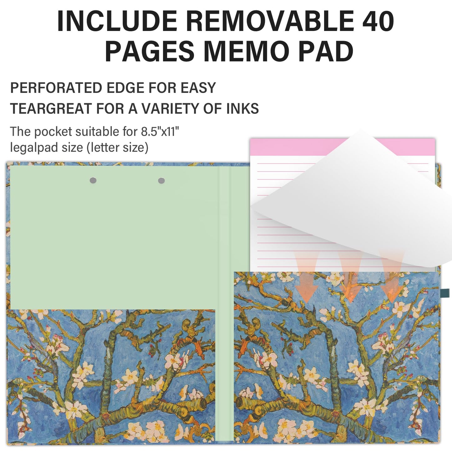 A4 Cute Clipboard Folio with Notepad Clipfolio and Interior Storage, Foldable Nursing Legal Size Clipboards for Work/Kids/Teachers - Almond Tree