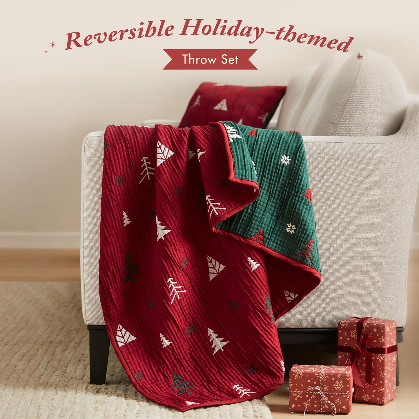 Madison Park Christmas Throw and Decorative Pillow Set, Festive Reversible Jacquard, All Seasonal Lightweight 2-Piece Bedding, 50" W x 70" L, Red/Green