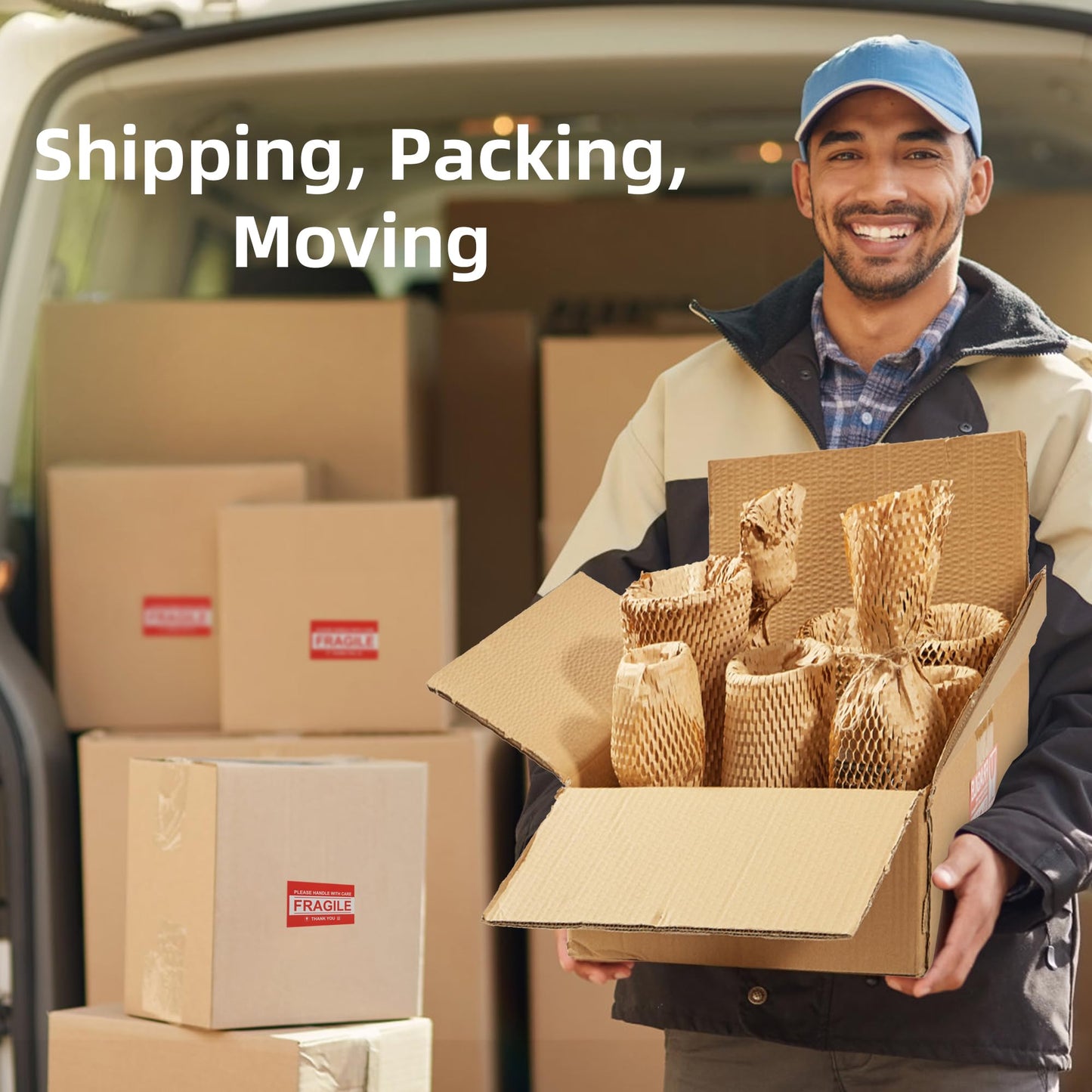 BRIVADO Honeycomb Packing Paper 15"x400' Roll with Fragile & Labeling Stickers, Gloves - Bubble Wrap for Moving,Products & Gifts Wrapping Paper, Recyclable & Biodegradable Cushioning Packing Material