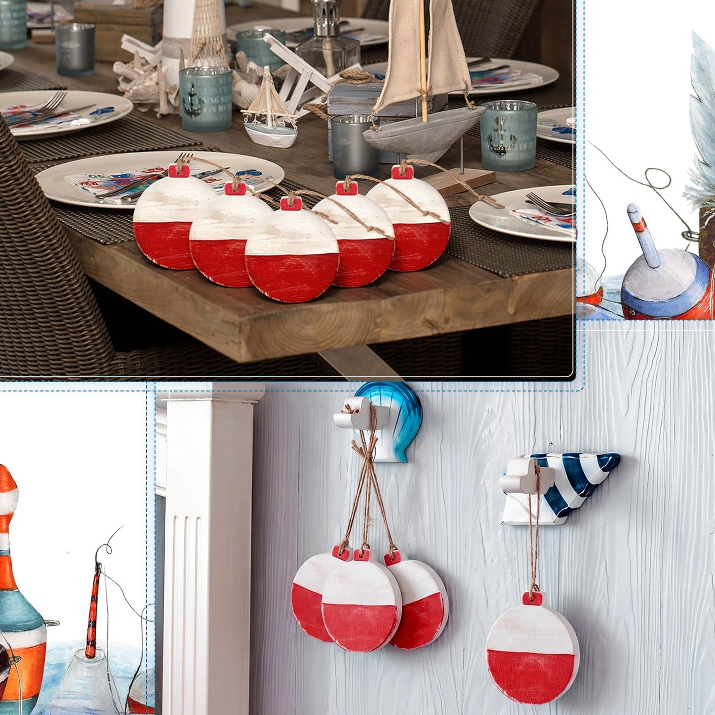 Threehoney 5 Pcs Fishing Bobbers Floats Table Decorations Red and White Wooden Bobbers Decor 4 x 3.5 Inch Farmhouse Wood Summer Table Centerpieces for Fishing Birthday Party Nautical Lake House Decor