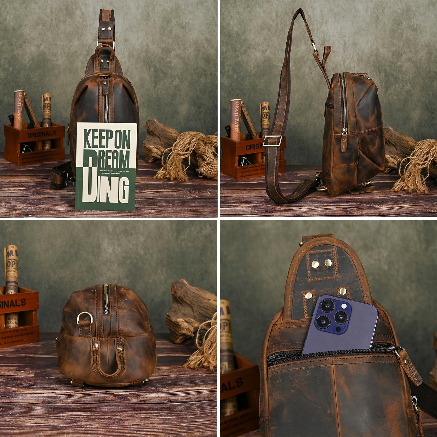 Handadsume Thick Crazy horse Leather Triangle Crossbody Sling Chest Bag Travel One Shoulder Bag Daypack For Men Male 3028 (1186-Brown)