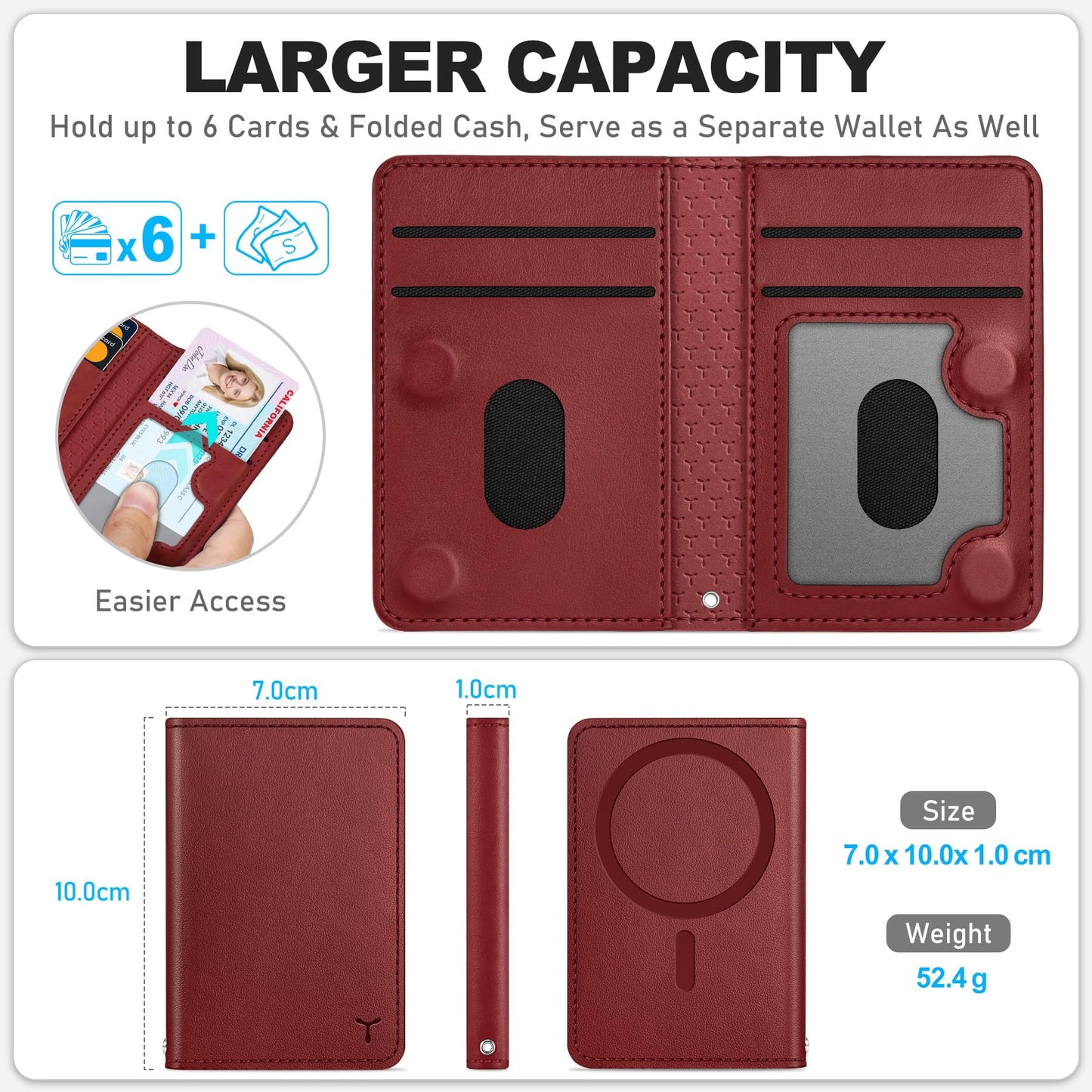 TUCCH for Magsafe Card Holder with Clear ID Window, Fit 6 Cards, RFID Blocking PU Leather Men Women Magnetic Phone Wallet for iPhone 17/16/15/14/13/12/Plus/Air/Pro/Pro Max Series, Dark Red