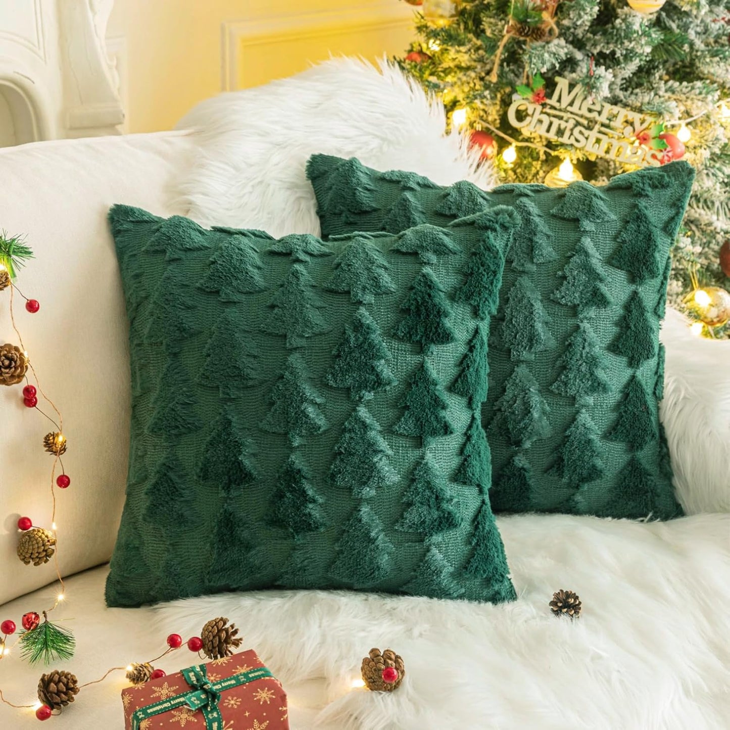 Christmas Pillow Covers 18'' x 18'' Set of 2, Soft Faux Rabbit Fur 3D Embroidery Christmas Tree Throw Pillow Covers for Holiday Christmas Decor Sofa, Couch, Skin-Friendly, Invisible Zipper
